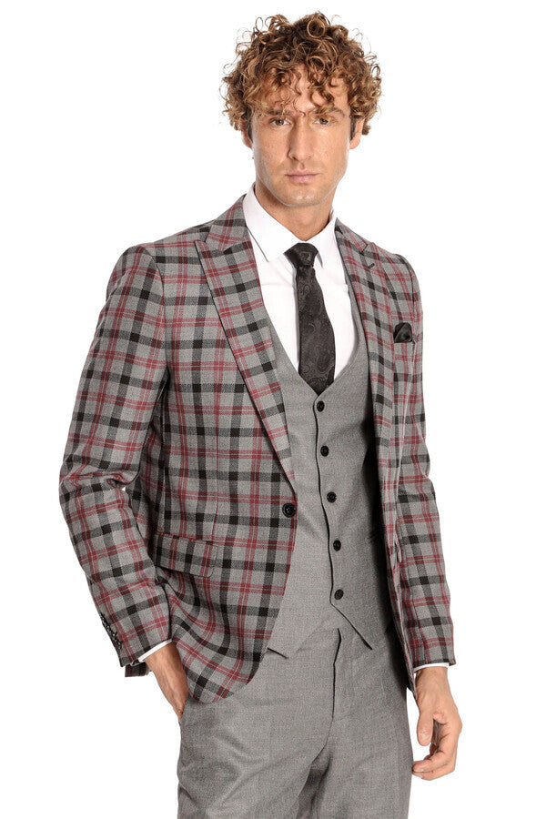 Checked Slim Fit Grey Men Suit - Wessi