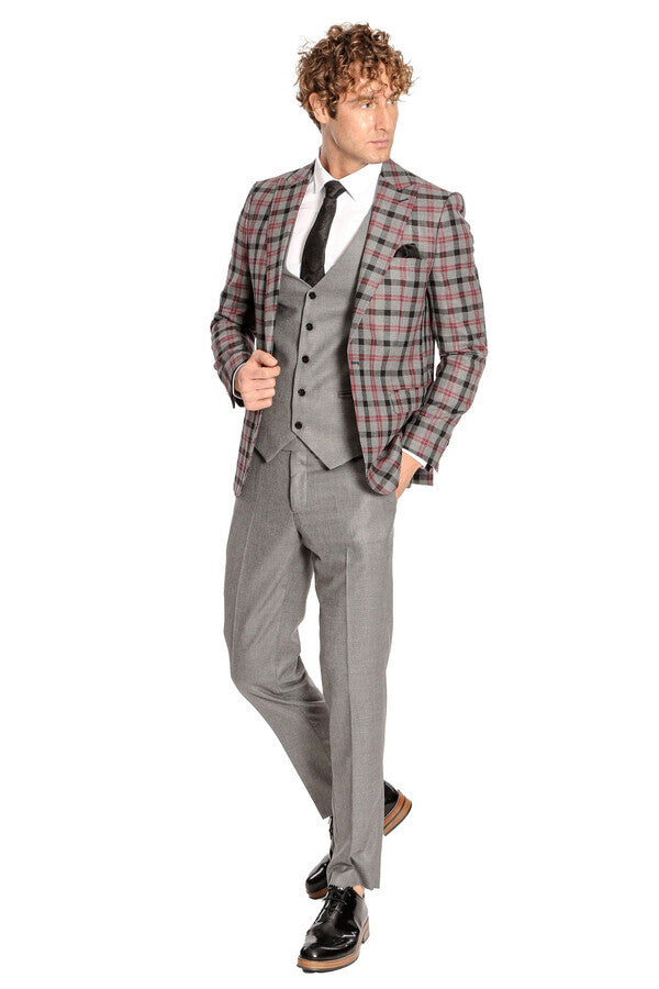 Checked Slim Fit Grey Men Suit - Wessi