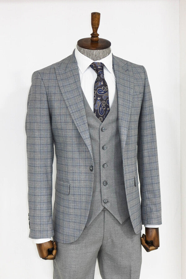 Checked Slim Fit Grey Men Suit - Wessi