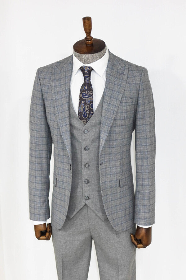 Checked Slim Fit Grey Men Suit - Wessi