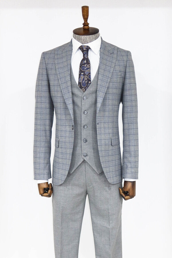 Checked Slim Fit Grey Men Suit - Wessi