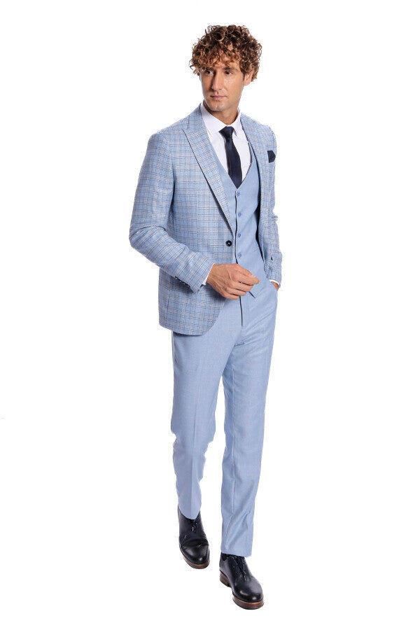 Checked Slim Fit Light Blue Men Suit - Wessi