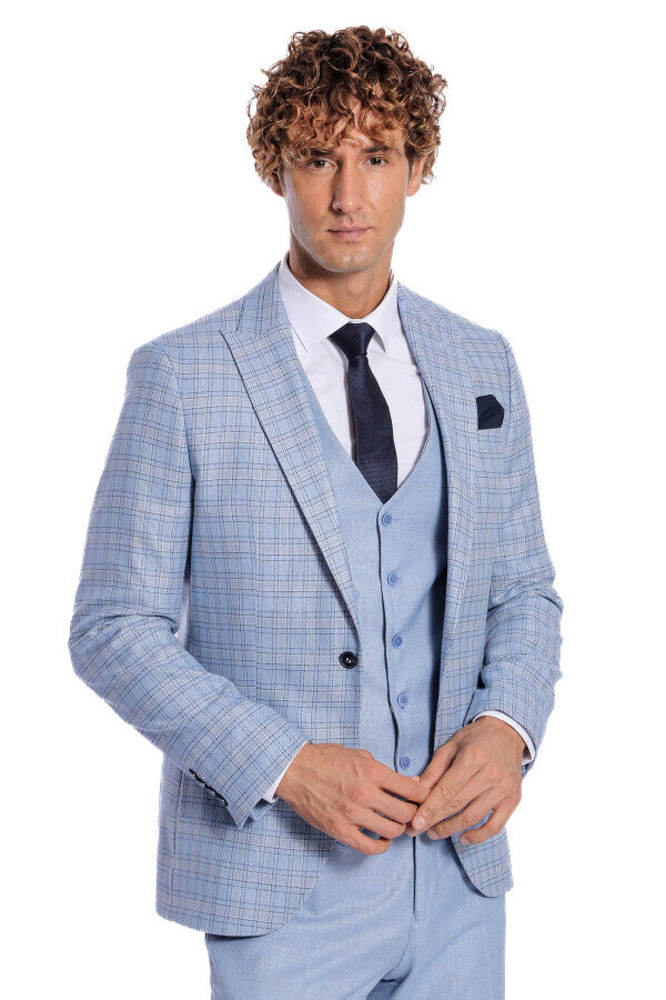 Checked Slim Fit Light Blue Men Suit - Wessi