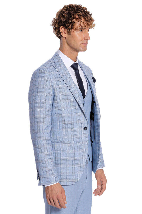 Checked Slim Fit Light Blue Men Suit - Wessi