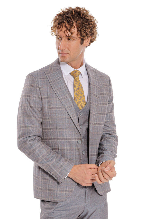 Checked Slim Fit Light Blue Men Suit - Wessi