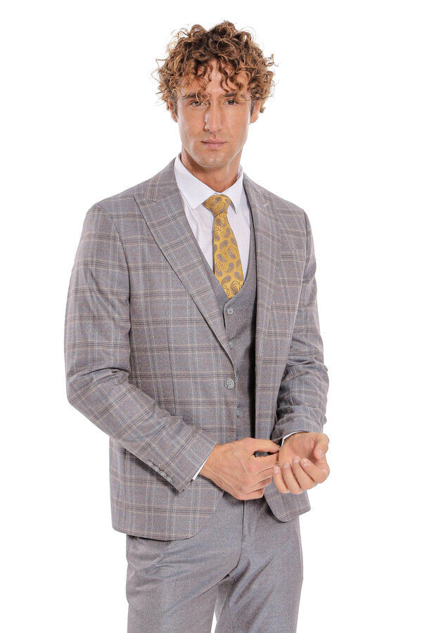 Checked Slim Fit Light Blue Men Suit - Wessi