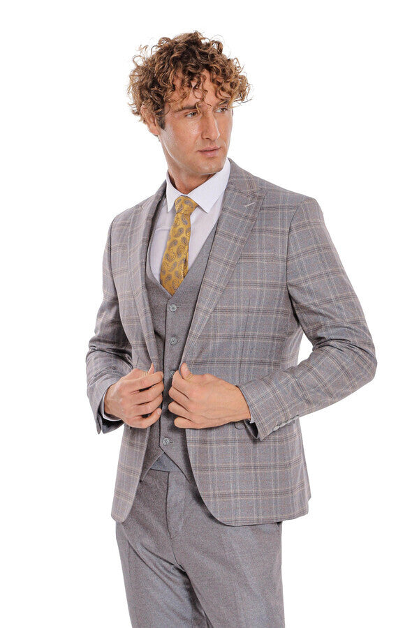 Checked Slim Fit Light Blue Men Suit - Wessi