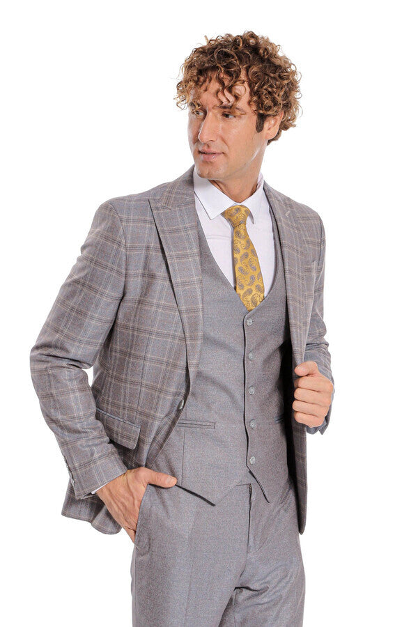 Checked Slim Fit Light Blue Men Suit - Wessi