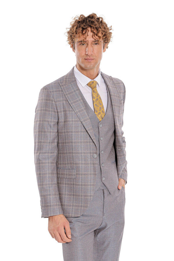 Checked Slim Fit Light Blue Men Suit - Wessi