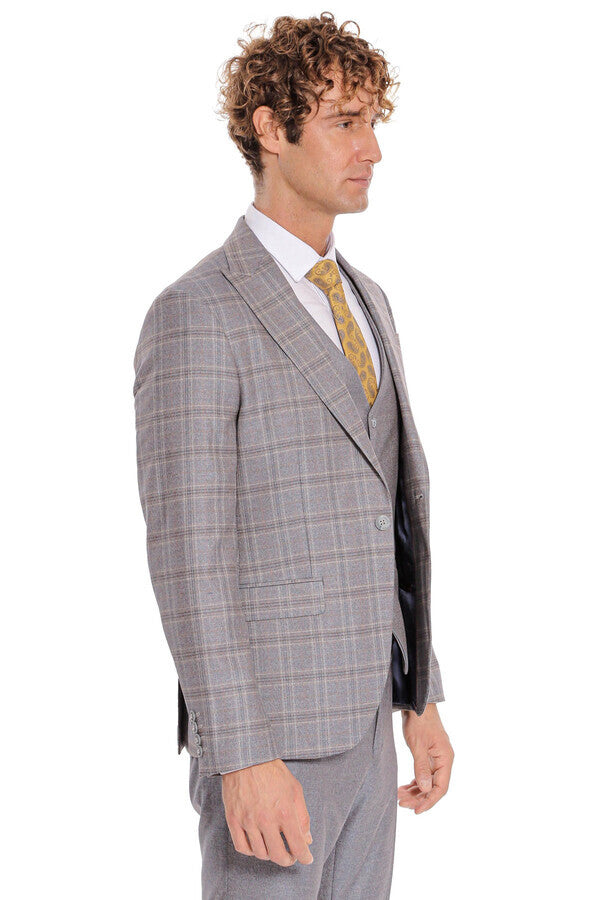 Checked Slim Fit Light Blue Men Suit - Wessi