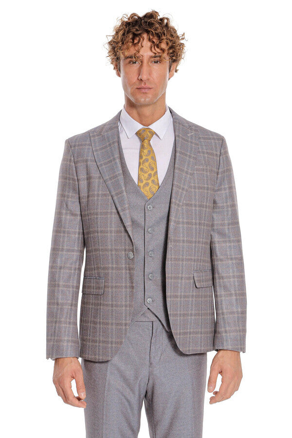 Checked Slim Fit Light Blue Men Suit - Wessi