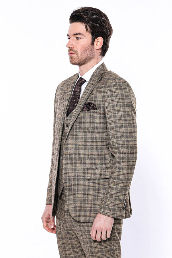 Checked Slim-Fit Light Brown Men Blazer - Wessi