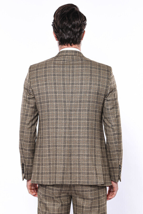 Checked Slim-Fit Light Brown Men Blazer - Wessi