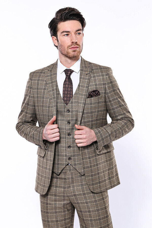 Checked Slim-Fit Light Brown Men Blazer - Wessi