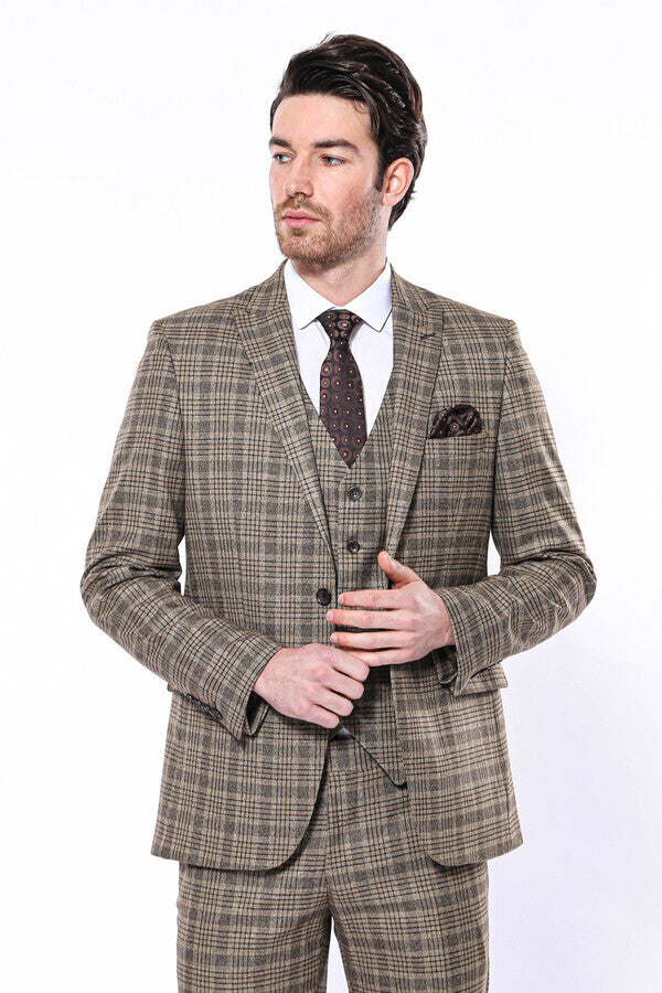 Checked Slim-Fit Light Brown Men Blazer - Wessi