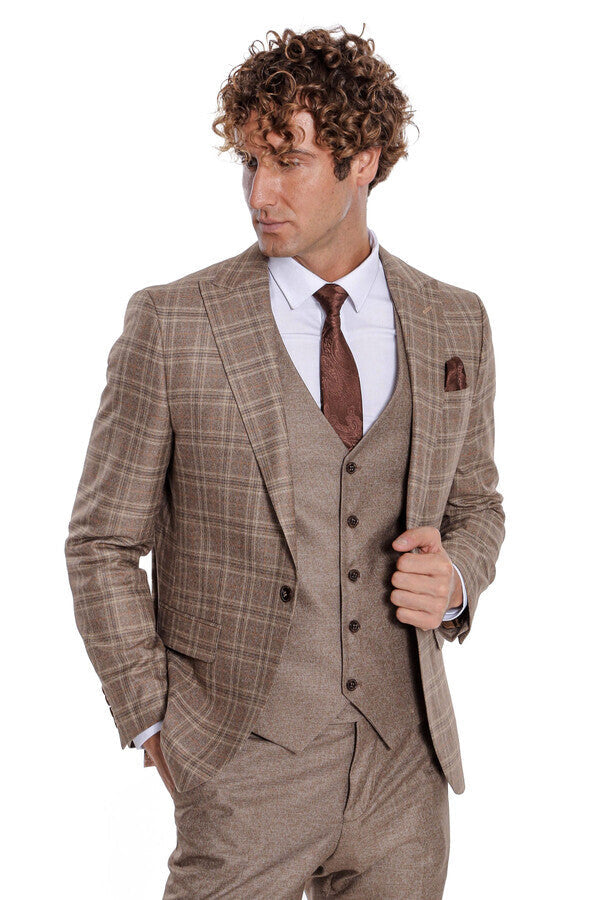 Checked Slim Fit Light Brown Men Suit - Wessi