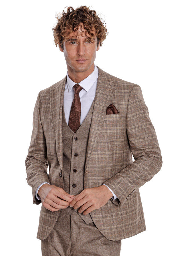 Checked Slim Fit Light Brown Men Suit - Wessi