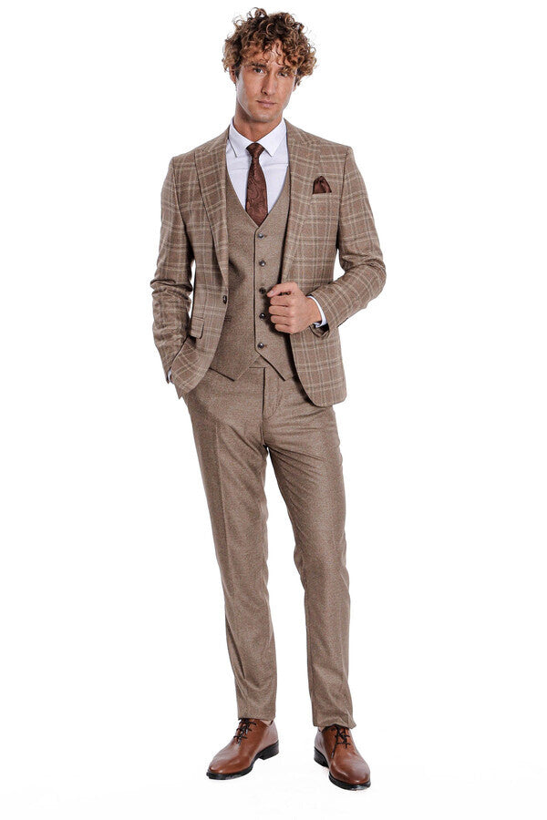 Checked Slim Fit Light Brown Men Suit - Wessi