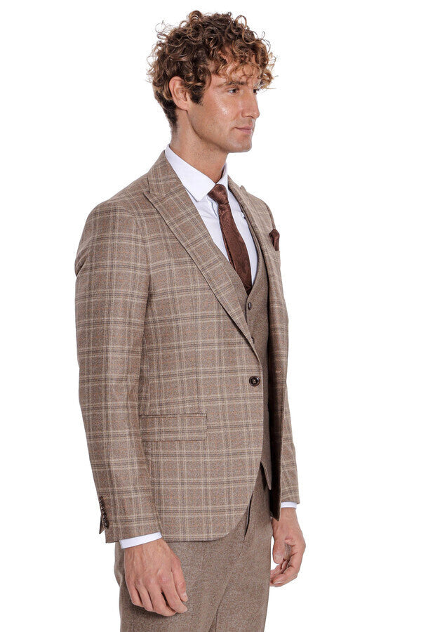 Checked Slim Fit Light Brown Men Suit - Wessi