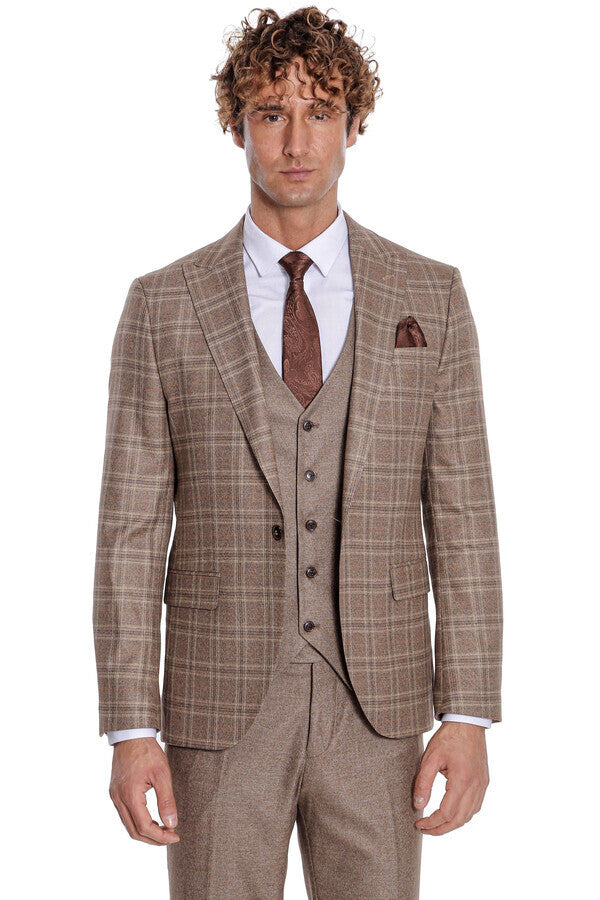 Checked Slim Fit Light Brown Men Suit - Wessi