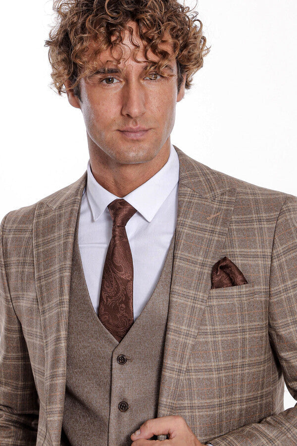 Checked Slim Fit Light Brown Men Suit - Wessi