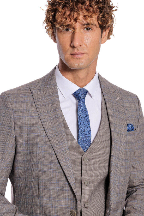 Checked Slim Fit Light Brown Men Suit - Wessi