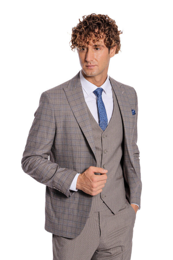 Checked Slim Fit Light Brown Men Suit - Wessi