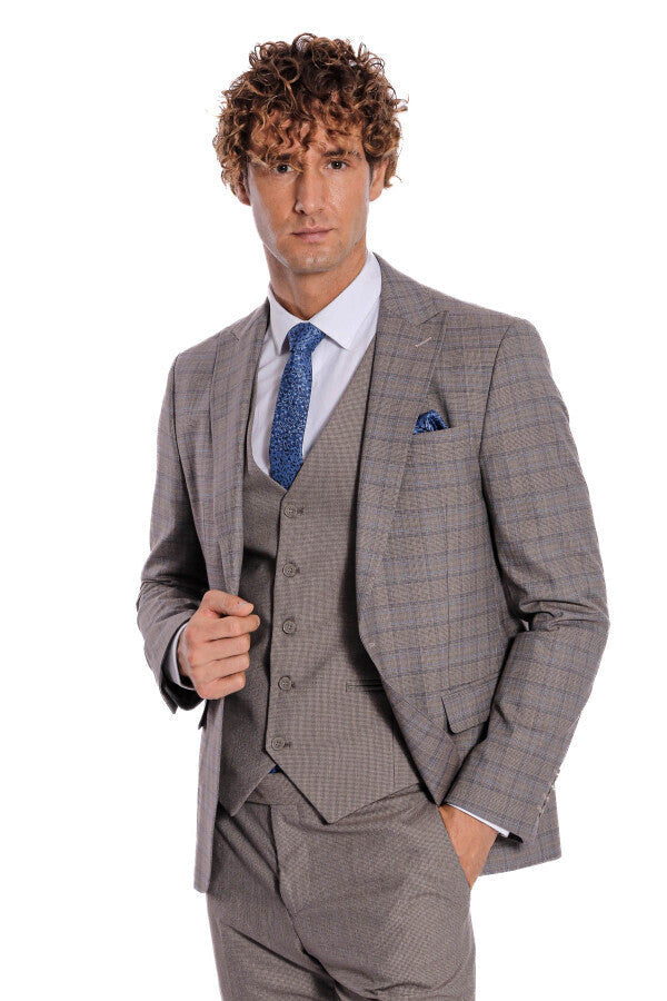 Checked Slim Fit Light Brown Men Suit - Wessi