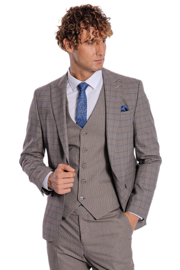 Checked Slim Fit Light Brown Men Suit - Wessi