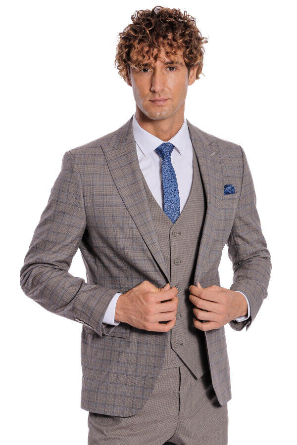 Checked Slim Fit Light Brown Men Suit - Wessi