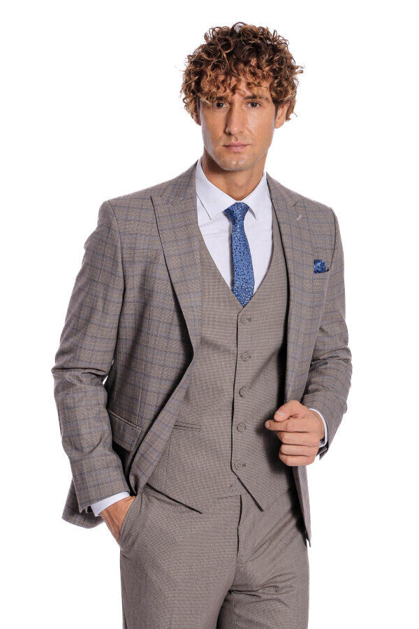 Checked Slim Fit Light Brown Men Suit - Wessi