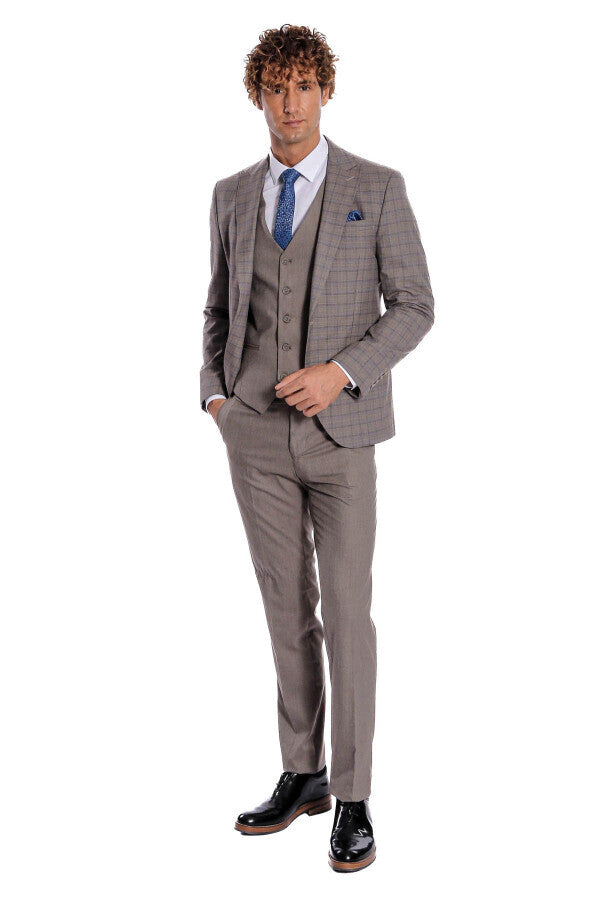 Checked Slim Fit Light Brown Men Suit - Wessi