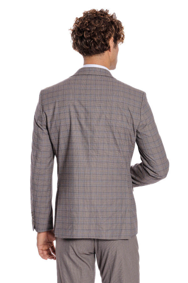 Checked Slim Fit Light Brown Men Suit - Wessi