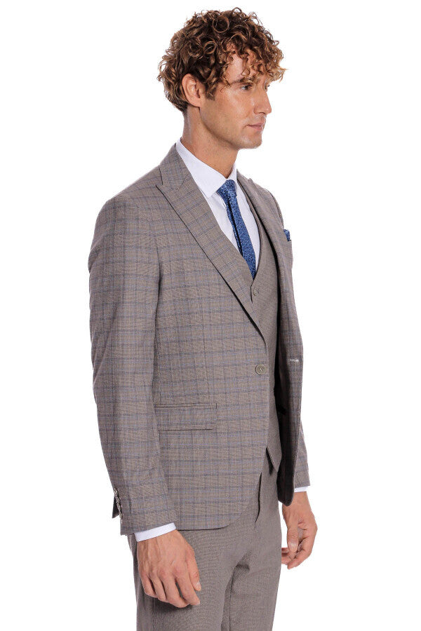 Checked Slim Fit Light Brown Men Suit - Wessi