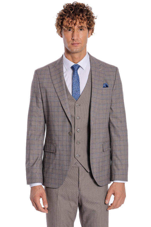 Checked Slim Fit Light Brown Men Suit - Wessi