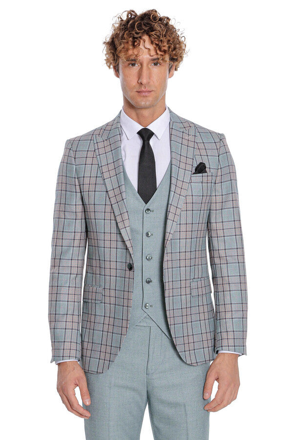 Checked Slim Fit Light Green Men Suit - Wessi