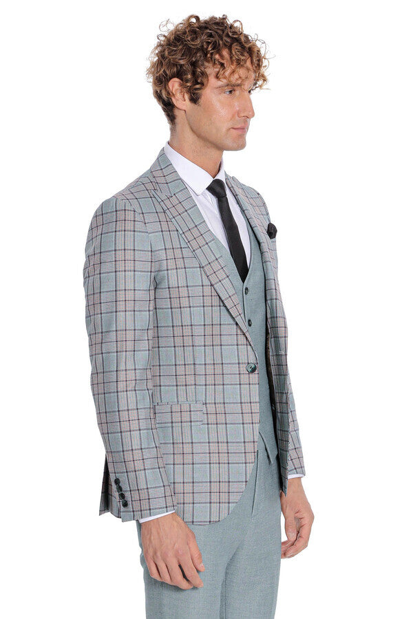 Checked Slim Fit Light Green Men Suit - Wessi