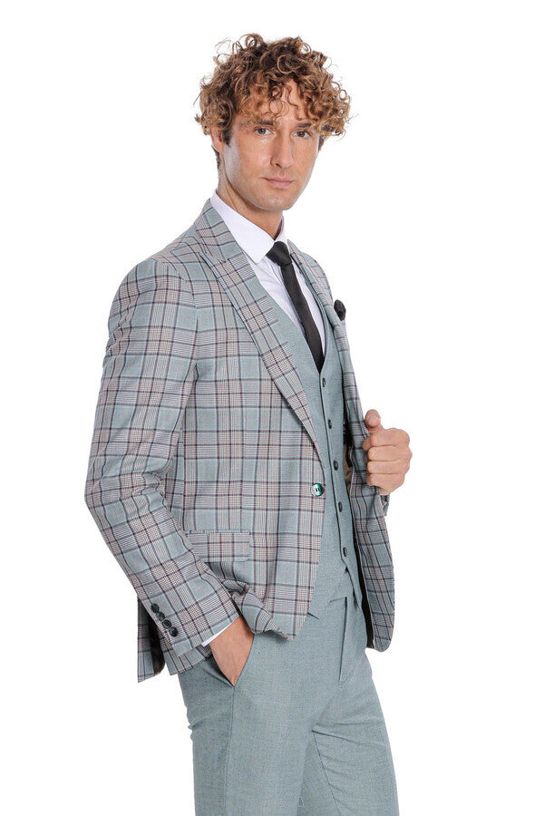 Checked Slim Fit Light Green Men Suit - Wessi