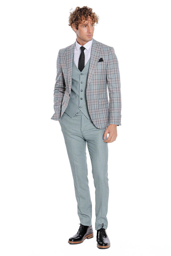 Checked Slim Fit Light Green Men Suit - Wessi