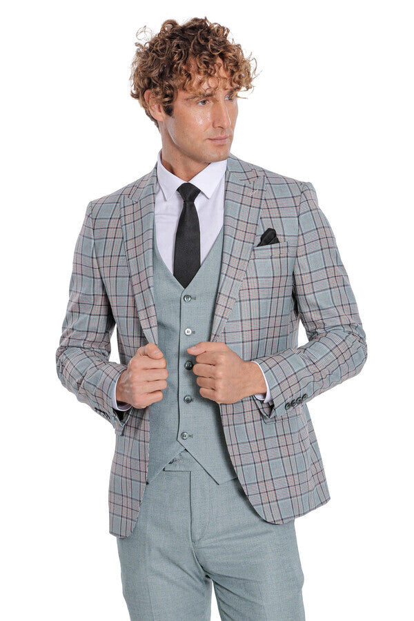 Checked Slim Fit Light Green Men Suit - Wessi