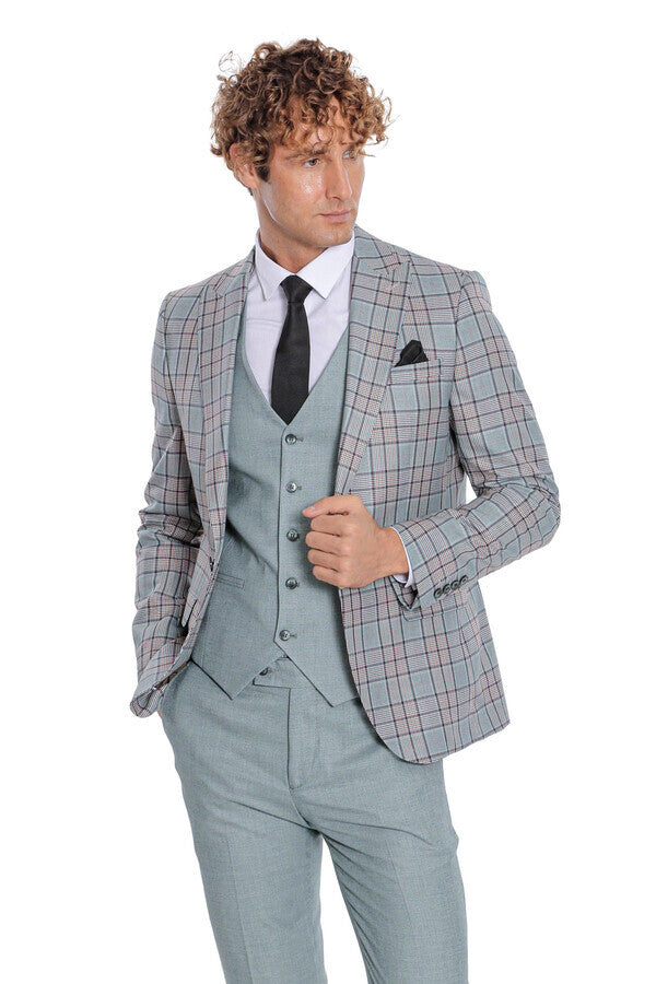 Checked Slim Fit Light Green Men Suit - Wessi