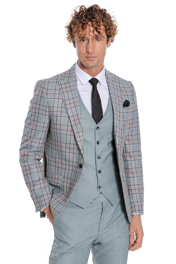 Checked Slim Fit Light Green Men Suit - Wessi