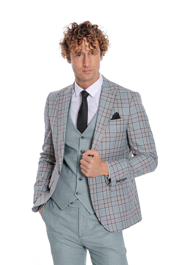 Checked Slim Fit Light Green Men Suit - Wessi