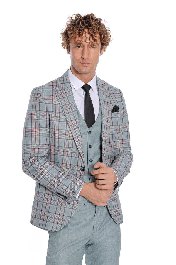 Checked Slim Fit Light Green Men Suit - Wessi