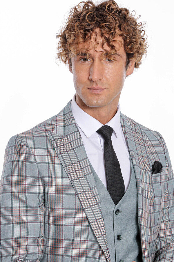 Checked Slim Fit Light Green Men Suit - Wessi