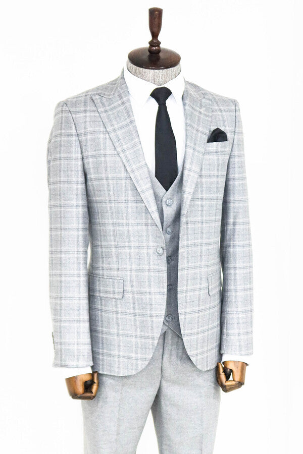 Checked Slim Fit Light Grey Men Suit - Wessi