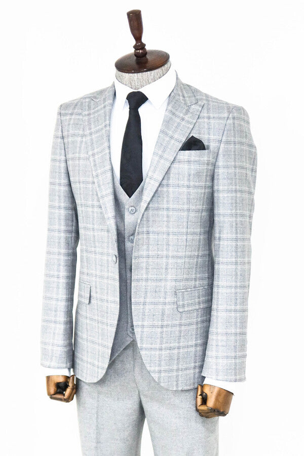 Checked Slim Fit Light Grey Men Suit - Wessi