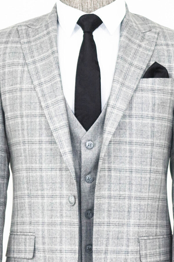 Checked Slim Fit Light Grey Men Suit - Wessi