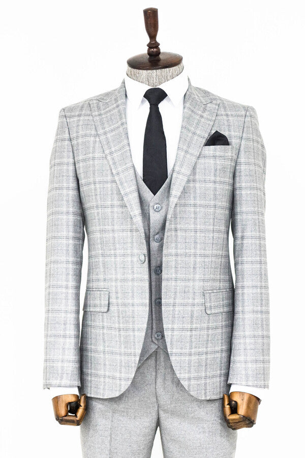 Checked Slim Fit Light Grey Men Suit - Wessi