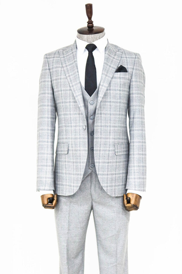 Checked Slim Fit Light Grey Men Suit - Wessi